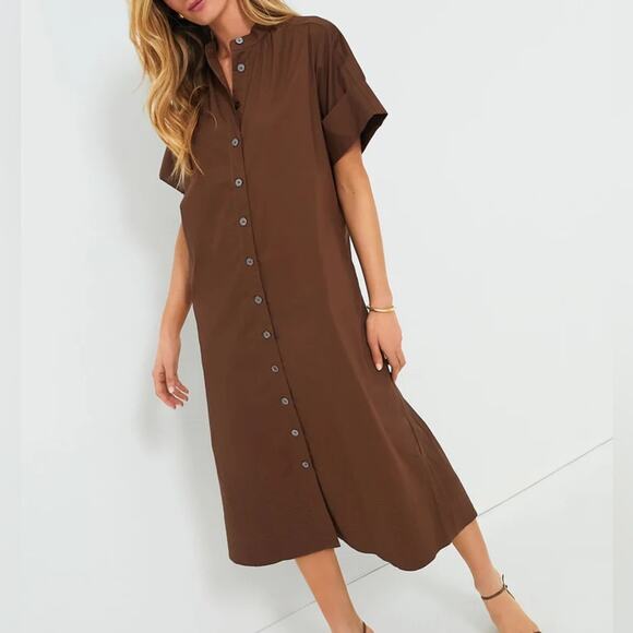 Tuckernuck Women's Prescott Button Front Brown Cotton Midi Shirt Dress Size  XXS